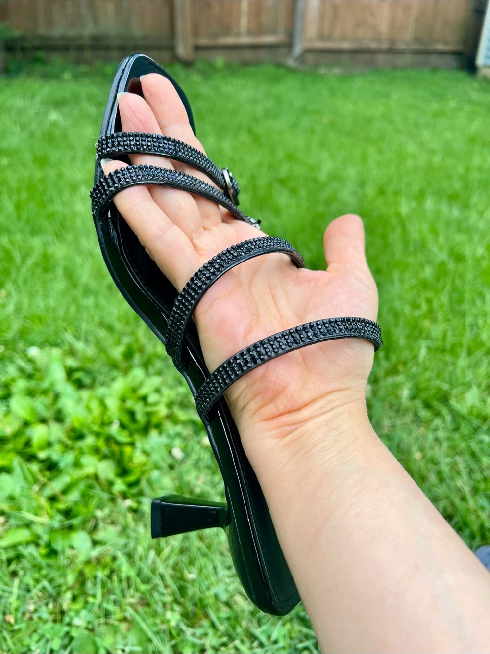 Nicole Miller Glitter Crystals Black Strappy Square Toe Kitten Heels 8.5 38.5